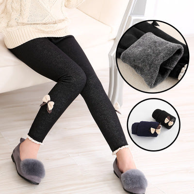 Girls’ Winter Fleece-Lined Leggings Warm Bow Detail Pants