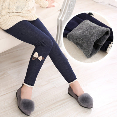Girls’ Winter Fleece-Lined Leggings Warm Bow Detail Pants
