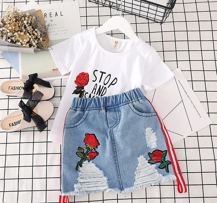 White T-Shirt & Denim Skirt