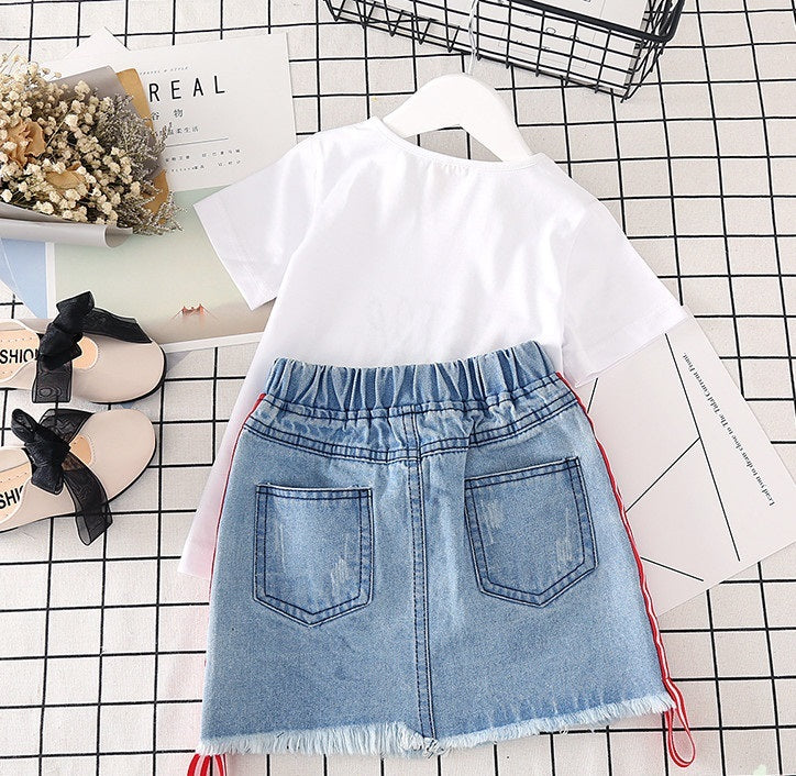 White T-Shirt & Denim Skirt