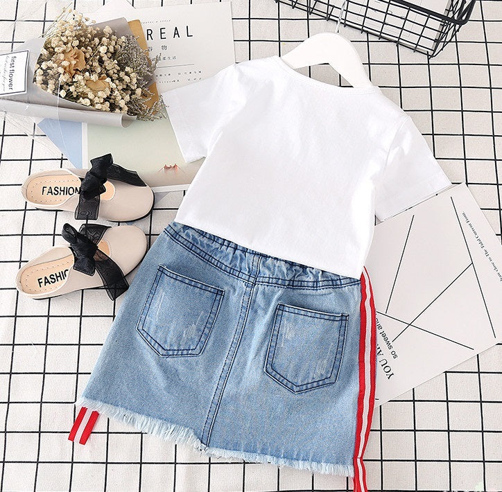 White T-Shirt & Denim Skirt