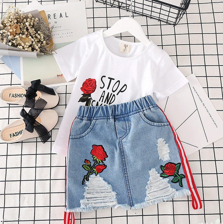 White T-Shirt & Denim Skirt