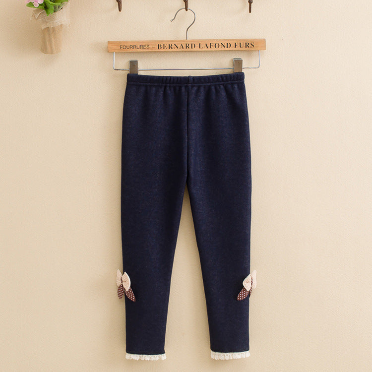 Girls’ Winter Fleece-Lined Leggings Warm Bow Detail Pants