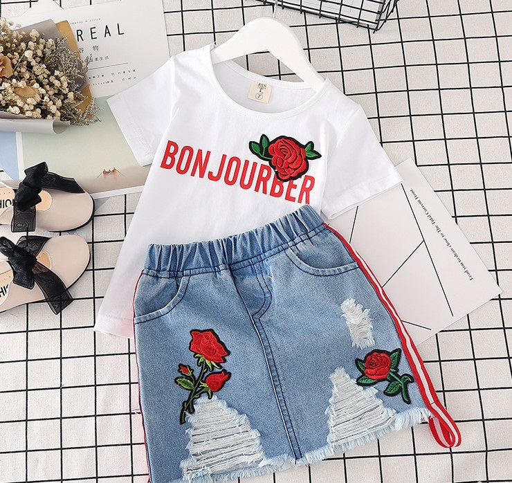 White T-Shirt & Denim Skirt