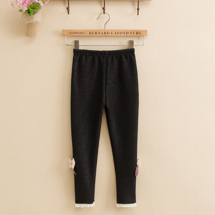 Girls’ Winter Fleece-Lined Leggings Warm Bow Detail Pants