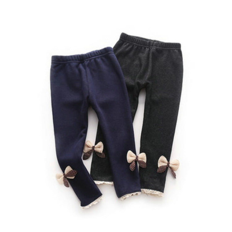 Girls’ Winter Fleece-Lined Leggings Warm Bow Detail Pants