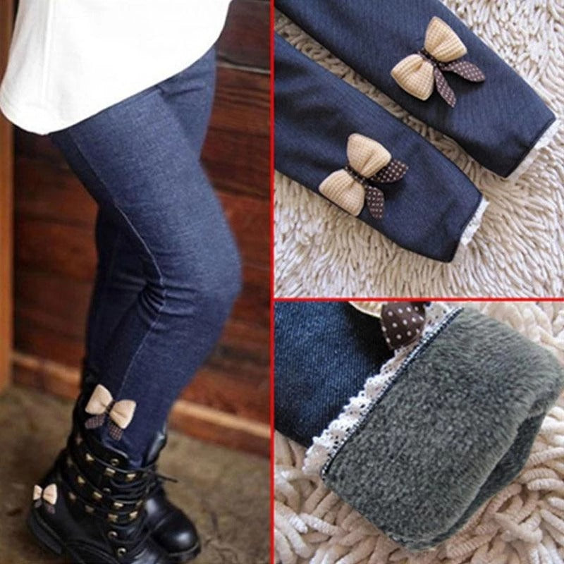 Girls’ Winter Fleece-Lined Leggings Warm Bow Detail Pants