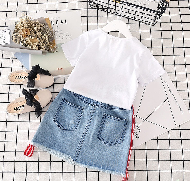 White T-Shirt & Denim Skirt