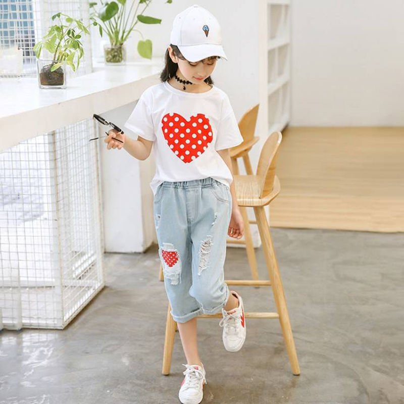 Girls’ Outfit Set White T-Shirt & Ripped Jeans - Little Pop