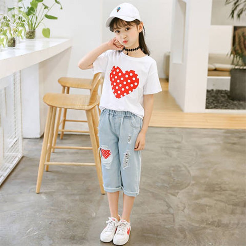 Girls’ Outfit Set White T-Shirt & Ripped Jeans - Little Pop