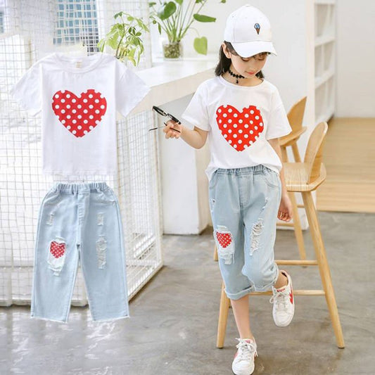 Girls’ Outfit Set White T-Shirt & Ripped Jeans - Little Pop