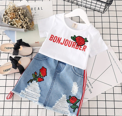 White T-Shirt & Denim Skirt
