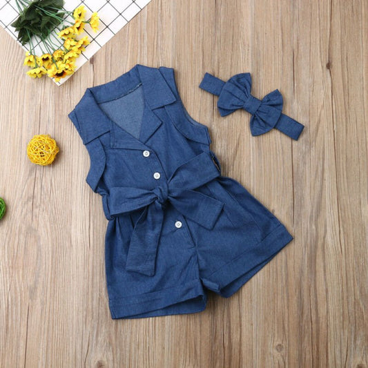 Baby Girl Denim Romper – Sleeveless Outfit - Little Pop