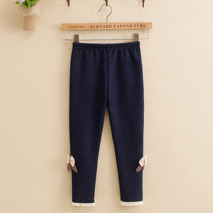 Girls’ Winter Fleece-Lined Leggings Warm Bow Detail Pants
