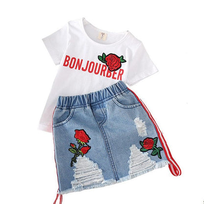 White T-Shirt & Denim Skirt
