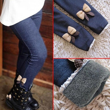 Girls’ Winter Fleece-Lined Leggings Warm Bow Detail Pants