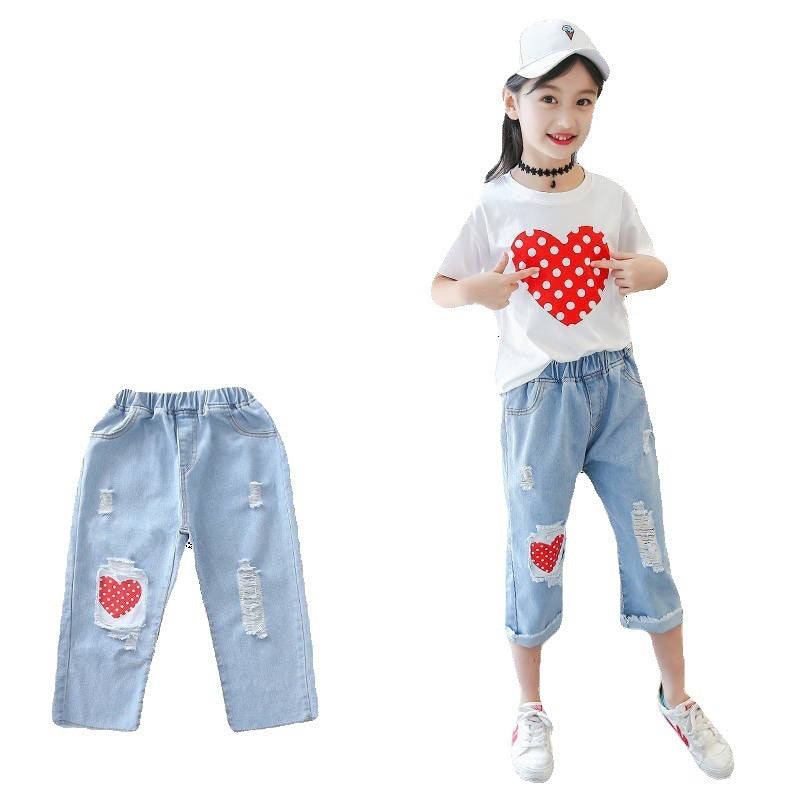 Girls’ Outfit Set White T-Shirt & Ripped Jeans
