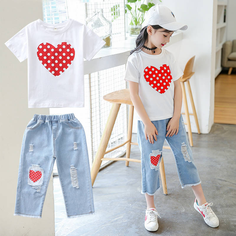 Girls’ Outfit Set White T-Shirt & Ripped Jeans